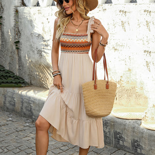 Tie Shoulder Printed Patchwork Casual Dress