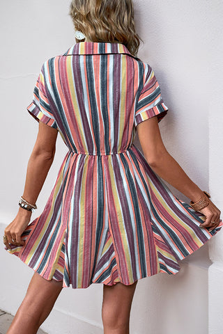 Colorful Stripe Print Lapel Casual Dress