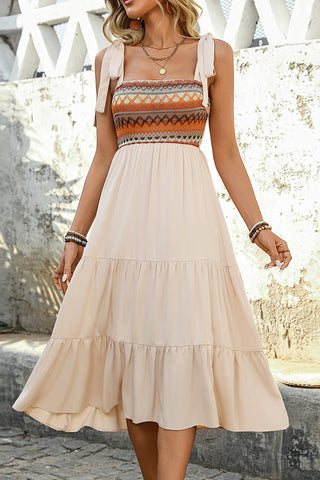 Tie Shoulder Printed Patchwork Casual Dress