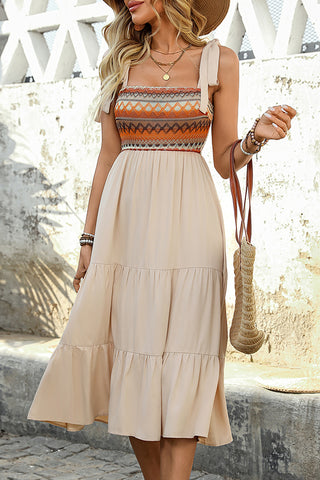 Tie Shoulder Printed Patchwork Casual Dress