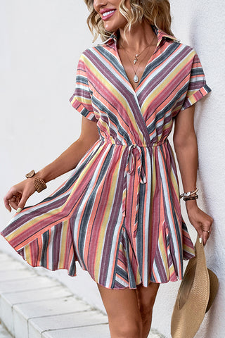 Colorful Stripe Print Lapel Casual Dress