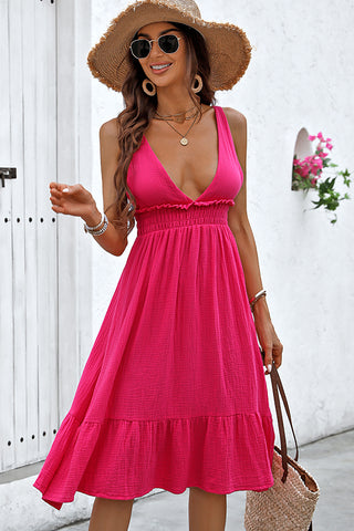 V Neck Smocked Waist Frill Casual Dress