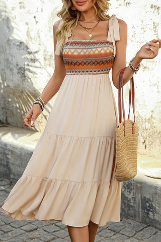 Tie Shoulder Printed Patchwork Casual Dress