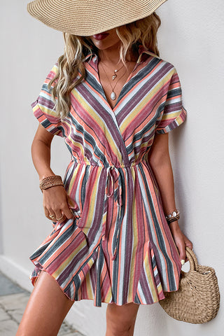 Colorful Stripe Print Lapel Casual Dress