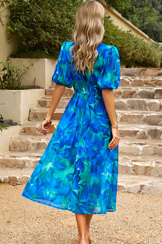 Fashion V Neck Smocked Waist Floral Print Maxi Dress