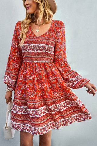 Bohemia Smocked Bust Long Sleeve Printed Dress