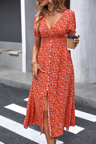 Smocked Waist V Neck Split Maxi Dress