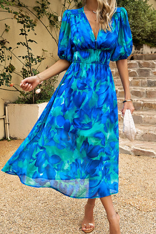 Fashion V Neck Smocked Waist Floral Print Maxi Dress