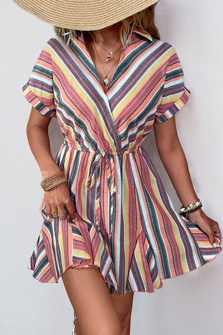 Colorful Stripe Print Lapel Casual Dress