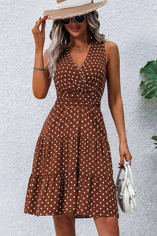 Fashion Dots Print V Neck Tie Waist Dress