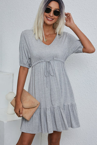 V Neck Drawstring Waist Casual Mini Dress
