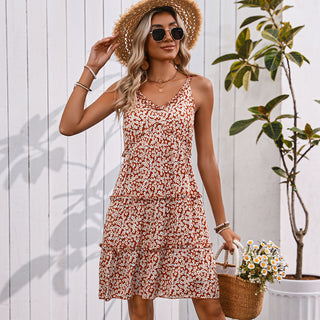 V Neck Floral Print Frill Sleeveless Mini Dress