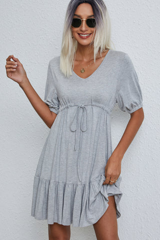V Neck Drawstring Waist Casual Mini Dress